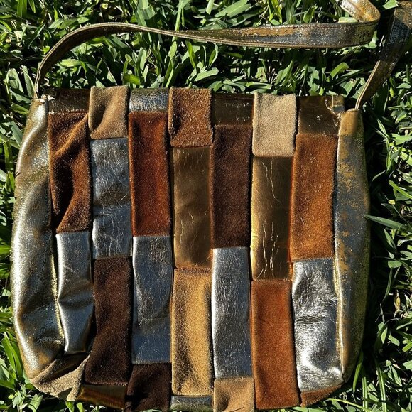 VTG 1980's Metallic Patchwork Leather Crossbody Bag Boho Purse Distressed Suede - Picture 8 of 12